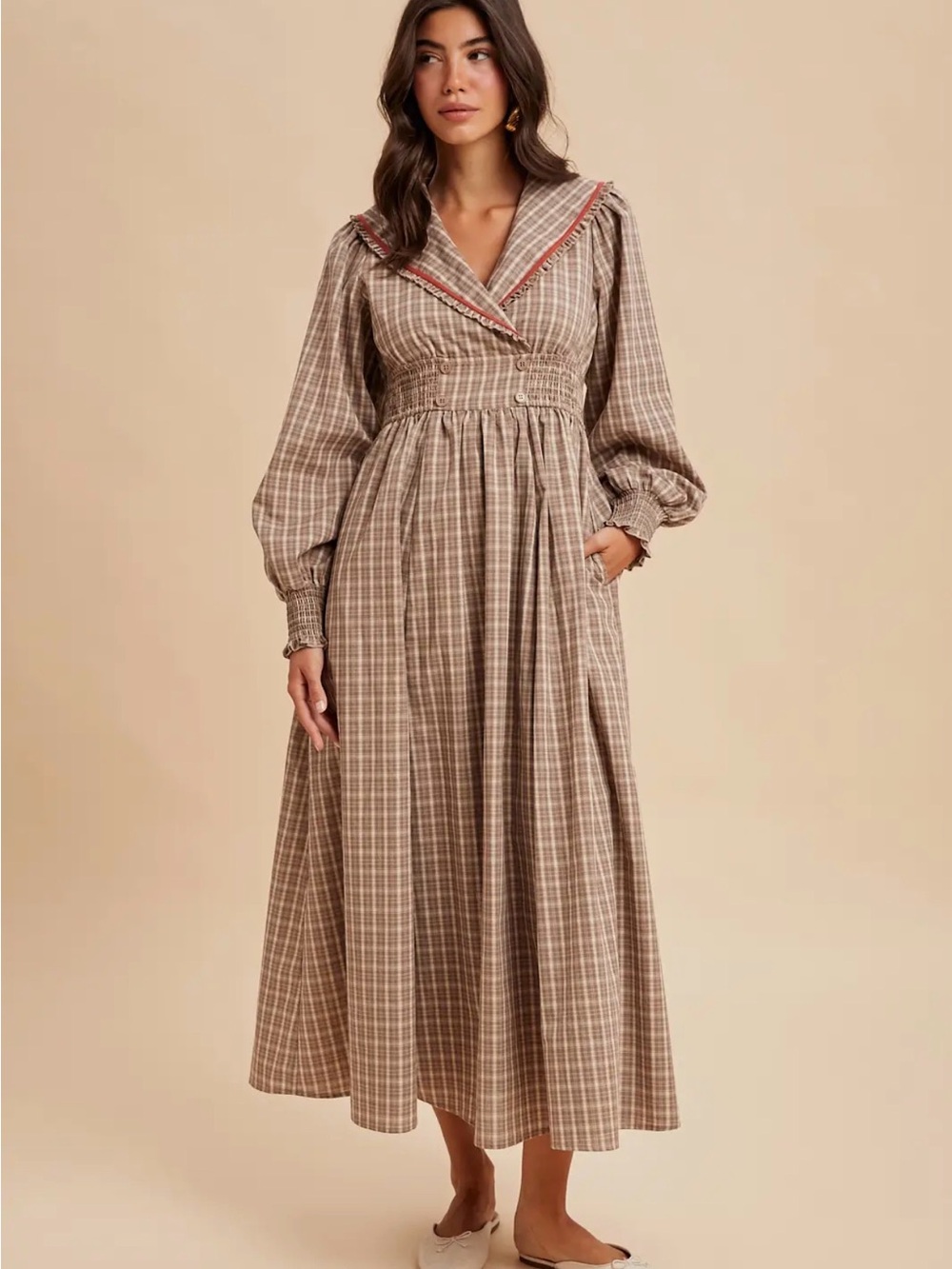 Plaid Smocked-Waist Maxi Dress with Sailor Collar - Taupe